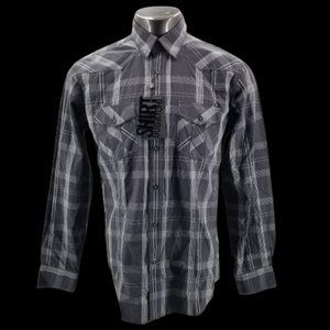 Bugatchi Shaped Fit  Men's Flip Cuff Charcoal Plaid Long Sleeve Shirt  Sz M